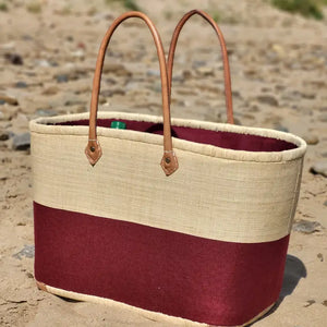 Large Woven Straw Basket, Burgundy /Natural