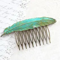 Big Feather Hair Comb - Verdigris Patina