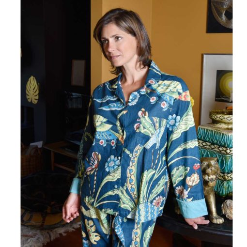 Blue Floral Exotic Bird Print Pajamas