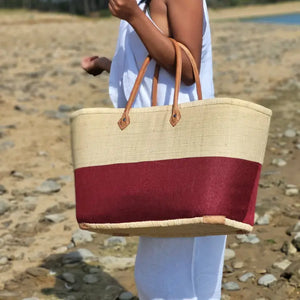 Large Woven Straw Basket, Burgundy /Natural