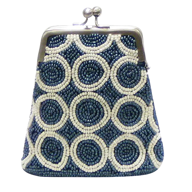 David Jeffery Coin Bag , White Circles on Blue Beads